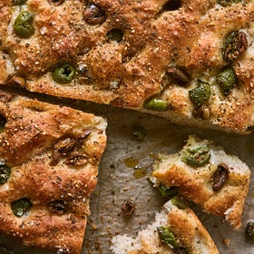 Buttery green olives meet crunchy za'atar focaccia, with soups to dunk it in