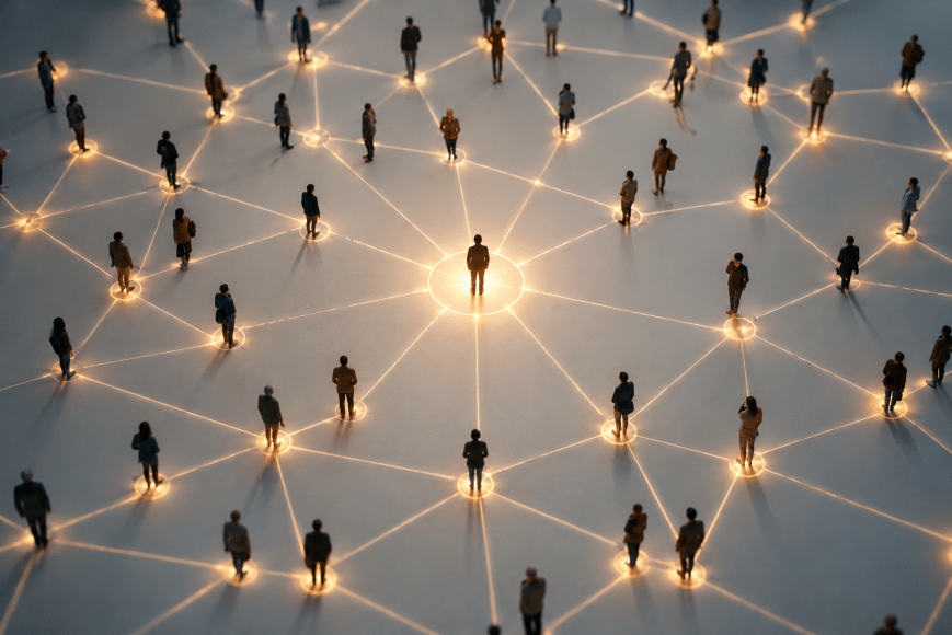 An abstract representation of a network of people connected by glowing lines, with one person at the center.