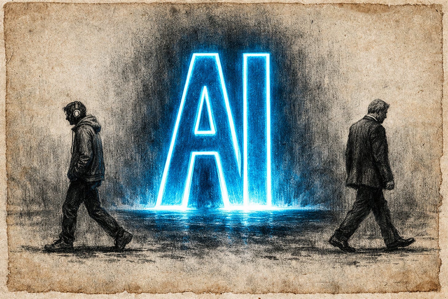 Charcoal drawing on aged beige paper showing two figures walking away from a glowing blue AI monolith in the center. On the left, a young person in a hoodie walks away toward the left edge. On the right, an older person in a suit walks away toward the right edge. Both have their backs turned to the bright electric blue letters 'AI' that dominate the center. The atmosphere is cold and final, rendered in gritty hand-drawn charcoal with only the blue neon providing color