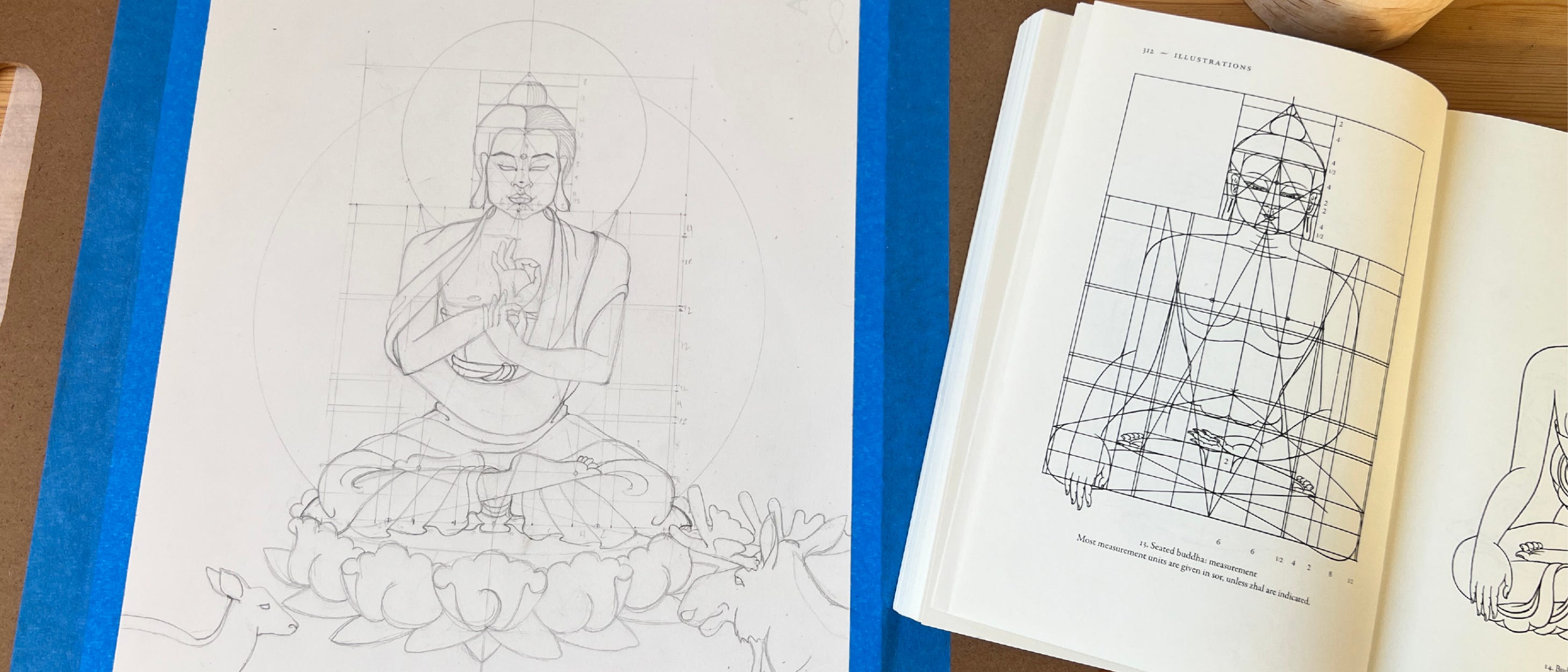 A photo of a the sketched grid and form of Shakyamuni Buddha next to an open book showing the grid measurements as a guide. A photo of a the sketched grid and form of Shakyamuni Buddha next to an open book showing the grid measurements as a guide.