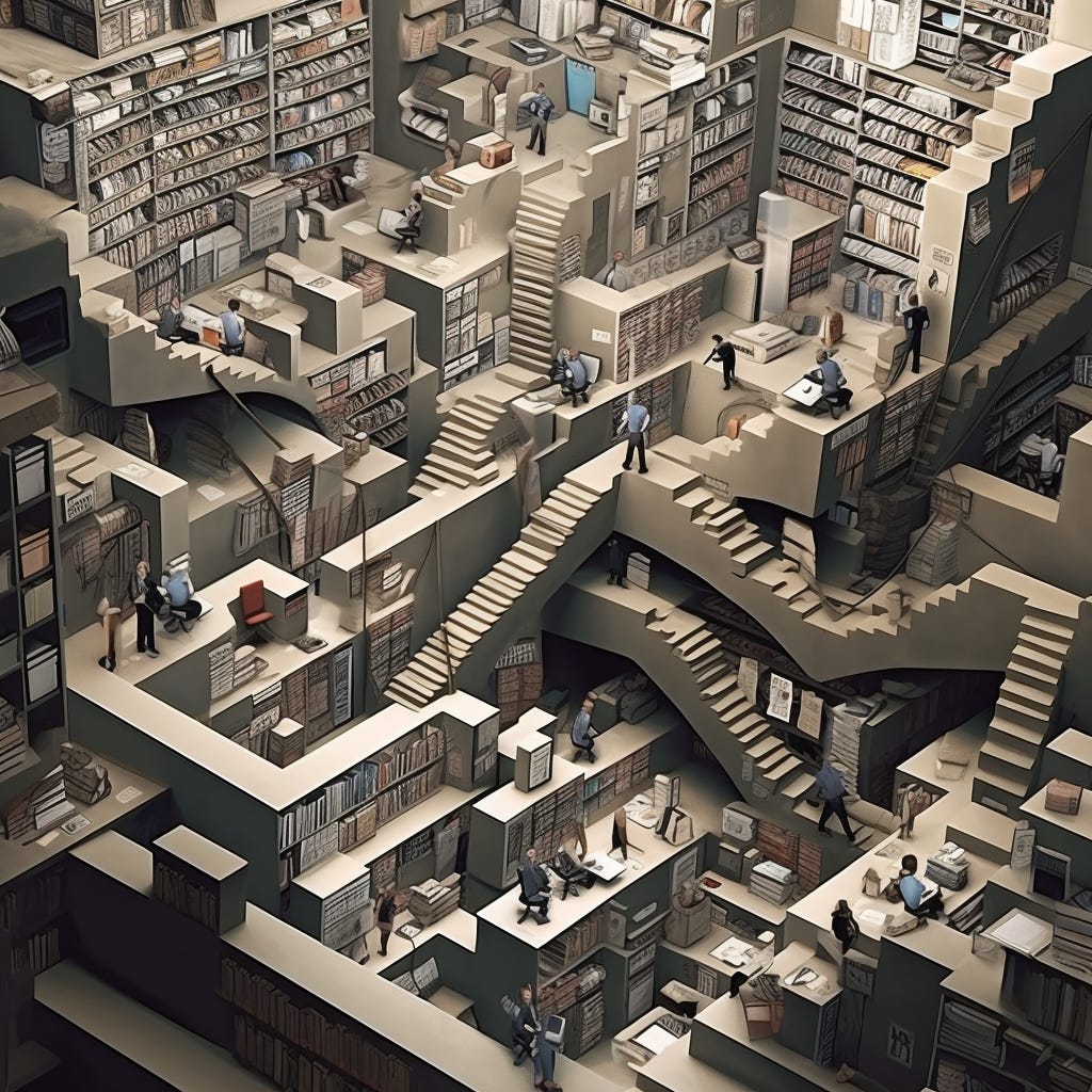 A maze of bureaucracy in the style of MC Escher A maze of bureaucracy in the style of MC Escher