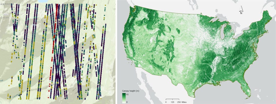 Image panel : Left image shows ATLAS/ICESat-2 ATL08 canopy heights generated using the SlideRule Earth web interface. The image on the right shows 2020 30-meter gridded canopy height map across the contiguous US based upon ICESat-2 canopy heights and ancillary Landsat, LANDFIRE and topographic variables. Image panel : Left image shows ATLAS/ICESat-2 ATL08 canopy heights generated using the SlideRule Earth web interface. The image on the right shows 2020 30-meter gridded canopy height map across the contiguous US based upon ICESat-2 canopy heights and ancillary Landsat, LANDFIRE and topographic variables.