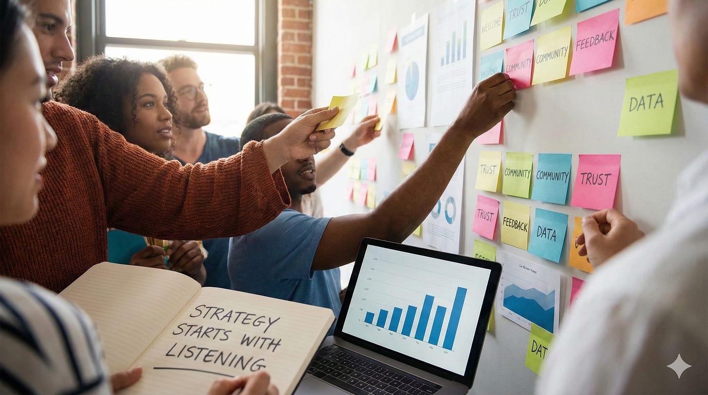 A horizontal photograph showing a diverse group of four people actively engaged in a workshop. In the foreground, a person holds a notebook with "STRATEGY STARTS WITH LISTENING" written on it. Another person places a yellow sticky note onto a wall already covered with many colorful notes containing handwritten words like "COMMUNITY," "TRUST," and "FEEDBACK." A laptop displaying bar graphs and charts sits on a table in front of them. The atmosphere is collaborative and focused, with natural light coming from a window on the left. A horizontal photograph showing a diverse group of four people actively engaged in a workshop. In the foreground, a person holds a notebook with "STRATEGY STARTS WITH LISTENING" written on it. Another person places a yellow sticky note onto a wall already covered with many colorful notes containing handwritten words like "COMMUNITY," "TRUST," and "FEEDBACK." A laptop displaying bar graphs and charts sits on a table in front of them. The atmosphere is collaborative and focused, with natural light coming from a window on the left.