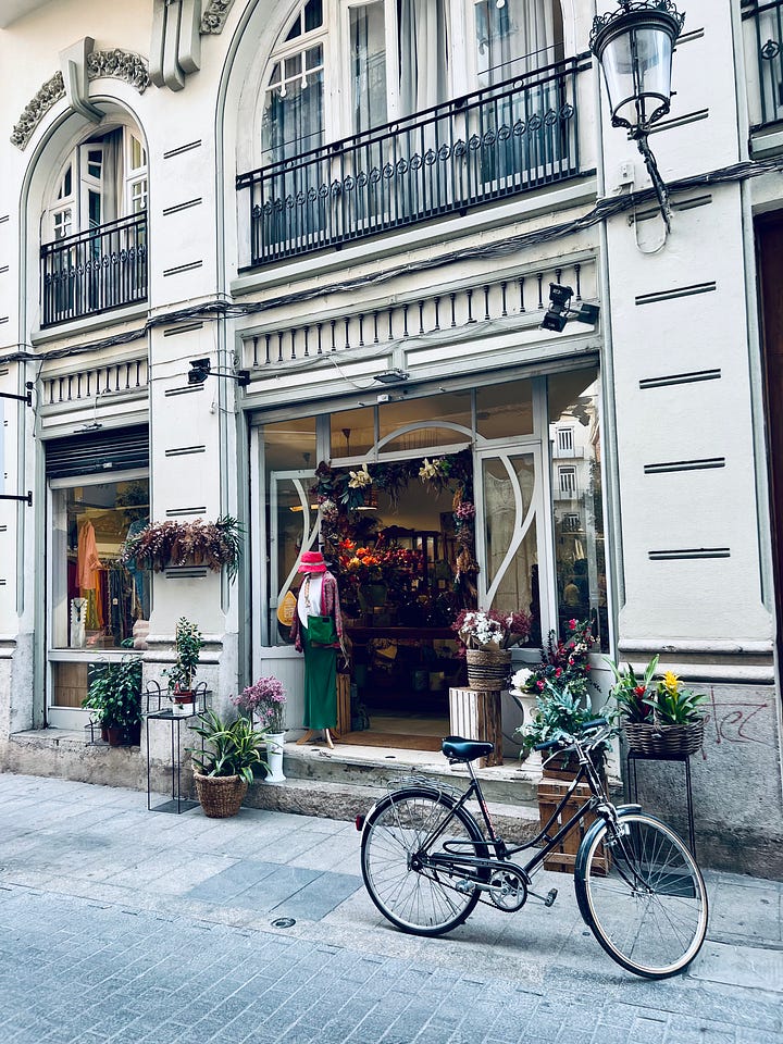 Historic bridge (top left), bicycle in russafa neighborhood (top right), myself at the city of arts and science (bottom left), bicycle in front of shop (bottom right)