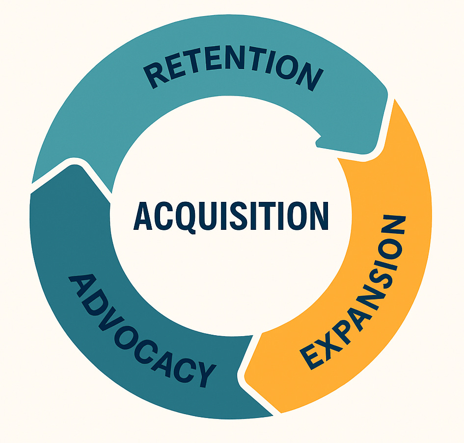 SaaS growth loop diagram showing acquisition, retention, expansion, and advocacy as a continuous cycle. SaaS growth loop diagram showing acquisition, retention, expansion, and advocacy as a continuous cycle.