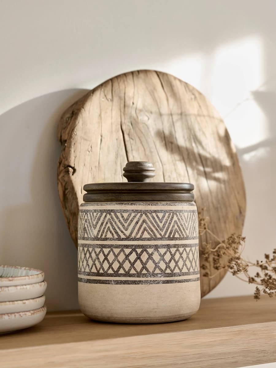 neutral geometric printed storage jar with lid