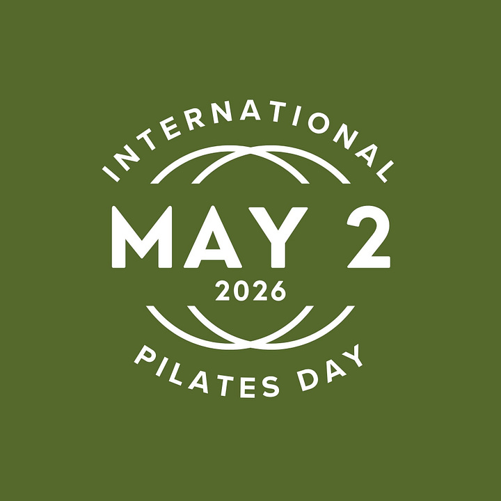 five photos: 1. an advertisement for International Pilates Day text over a group of people on mats doing exercises. 2. OzHarvest proud supporter logo, yellow and black on white background. 3. Perseverance Street Theatre company, orange text on black background. 4. International Pilates Day and the date, white letters on olive green background. 5. The Real Body Movement, white text on an olive green circle with a black slash across it.
