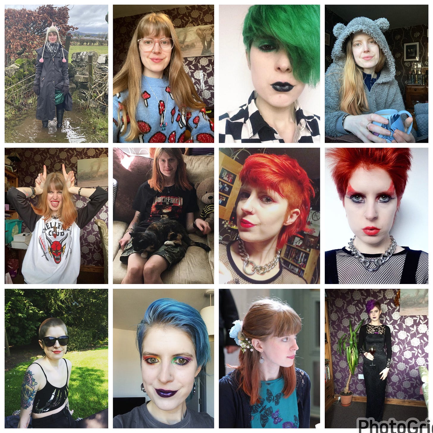 A grid of 12 photographs, all of the writer. 