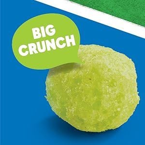A Vlasic Pickle Ball dill flavored corn puff snack with a speech bubble that says big crunch