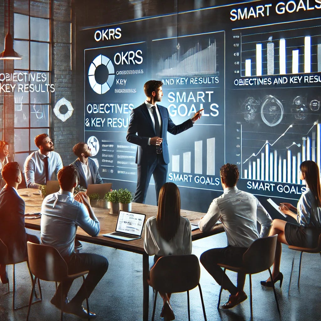 A manager leading a team in a modern office, discussing OKRs (Objectives and Key Results) and SMART goals. The manager stands in front of a whiteboard or large screen displaying charts, key metrics, and goals. The team is seated around a table, engaged and taking notes. The workspace is organized with laptops, notebooks, and a collaborative atmosphere. The environment feels dynamic, with clear focus on performance and strategy, symbolizing structured goal-setting and management through OKRs and SMART goals.