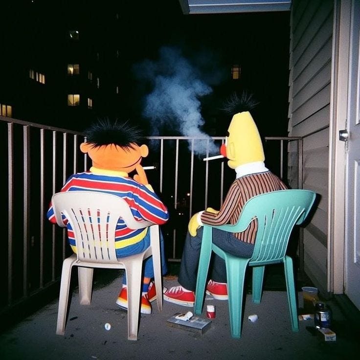 This may contain: two people sitting in chairs on a balcony at night