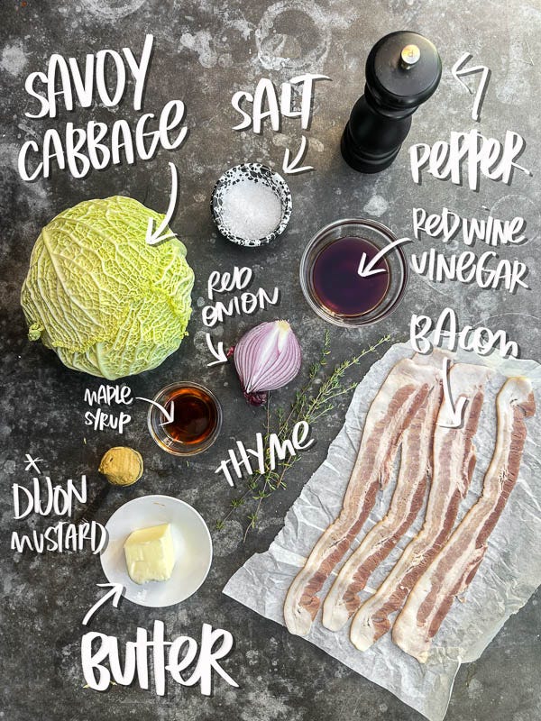 Try this Maple Bacon Cabbage recipe! Roasted cabbage wedges with crispy bacon and a homemade maple Dijon dressing. Easy, flavorful, gluten-free side dish for fall dinners, Thanksgiving, or meal prep. #vegetableside #cabbagerecipes #shutterbean