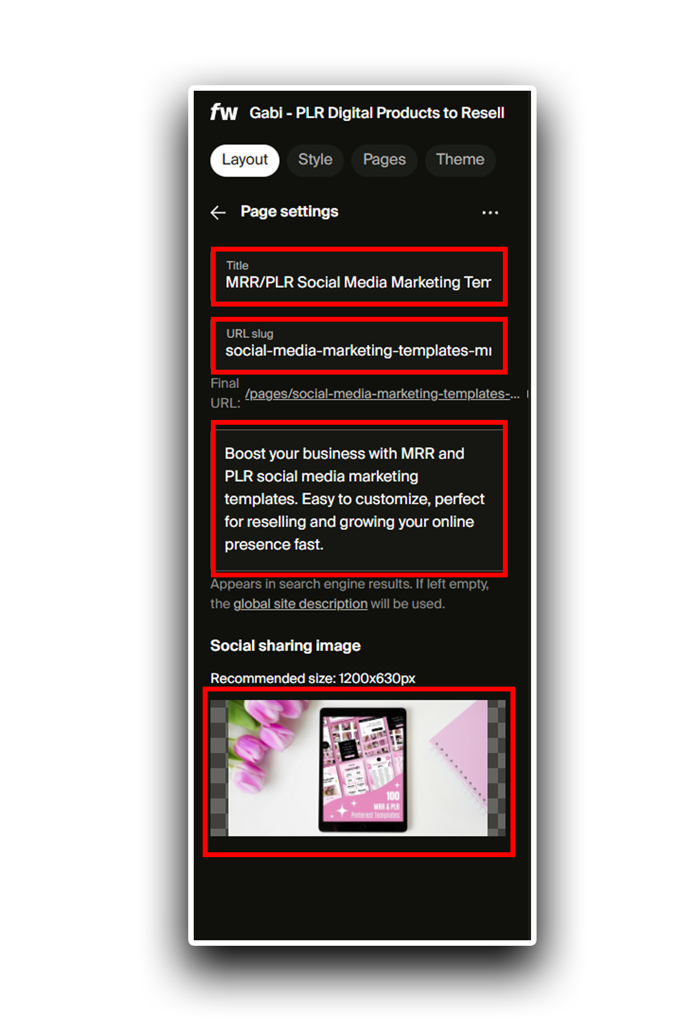 A screenshot of Gabi showcasing where to find the SEO title, metadata description, URL slug, and social sharing image on the Fourthwall website. Gabi even outlined each part—the title, description, URL slug, and image—with a red outline, so you know what’s important.