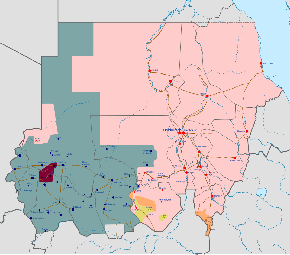 A map of Sudan, showing the RSF dominant in the west of the country, the SAF dominant in the east and the centre split between both sides