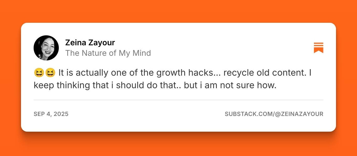 Substack reply from @zeinazayour saying "It is actually one of the growth hacks... recycle old content. I keep thinking that I should do that.. but i am not sure how." Substack reply from @zeinazayour saying "It is actually one of the growth hacks... recycle old content. I keep thinking that I should do that.. but i am not sure how."