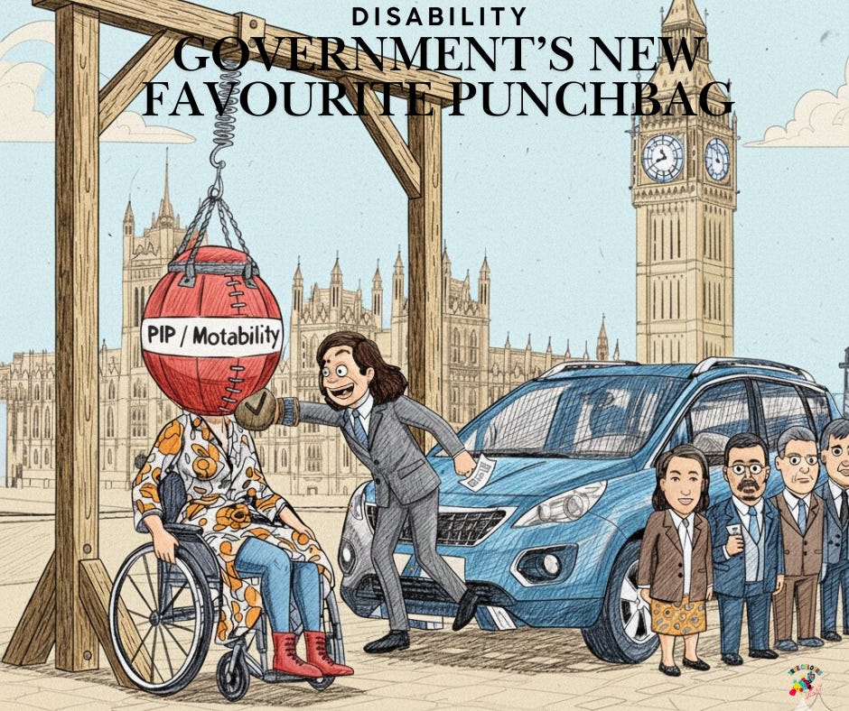 A political cartoon shows a person in a wheelchair suspended like a punchbag labeled “PIP / Motability” in front of the UK Parliament and Big Ben. A smiling woman in a suit punches the bag while other suited figures watch. The caption reads: “DISABILITY – GOVERNMENT’S NEW FAVOURITE PUNCHBAG.” The image critiques UK government policies on disability benefits, suggesting they unfairly target disabled people A political cartoon shows a person in a wheelchair suspended like a punchbag labeled “PIP / Motability” in front of the UK Parliament and Big Ben. A smiling woman in a suit punches the bag while other suited figures watch. The caption reads: “DISABILITY – GOVERNMENT’S NEW FAVOURITE PUNCHBAG.” The image critiques UK government policies on disability benefits, suggesting they unfairly target disabled people