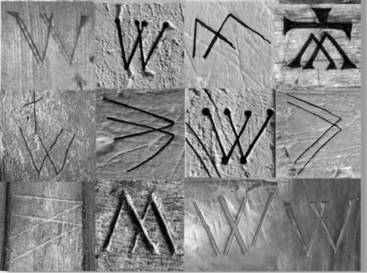 a black and white collage of many carved marks resembling Ws and Ms. Some are rustic and others are refined, with serifs a black and white collage of many carved marks resembling Ws and Ms. Some are rustic and others are refined, with serifs