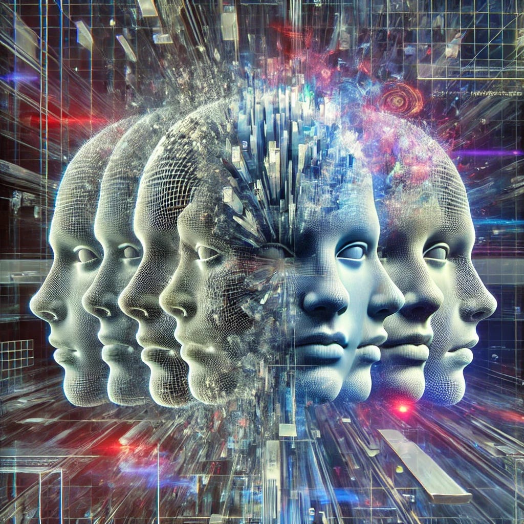A surreal digital illustration representing AI hallucinations. The image features multiple overlapping and distorted faces emerging from a futuristic AI neural network. The faces appear fragmented, glitching, and blending into each other, creating an unsettling and dreamlike effect. The background consists of a high-tech data stream with digital noise and holographic distortions, symbolizing confusion and uncertainty. The overall atmosphere is futuristic and slightly eerie, reflecting the unpredictable nature of AI hallucinations.