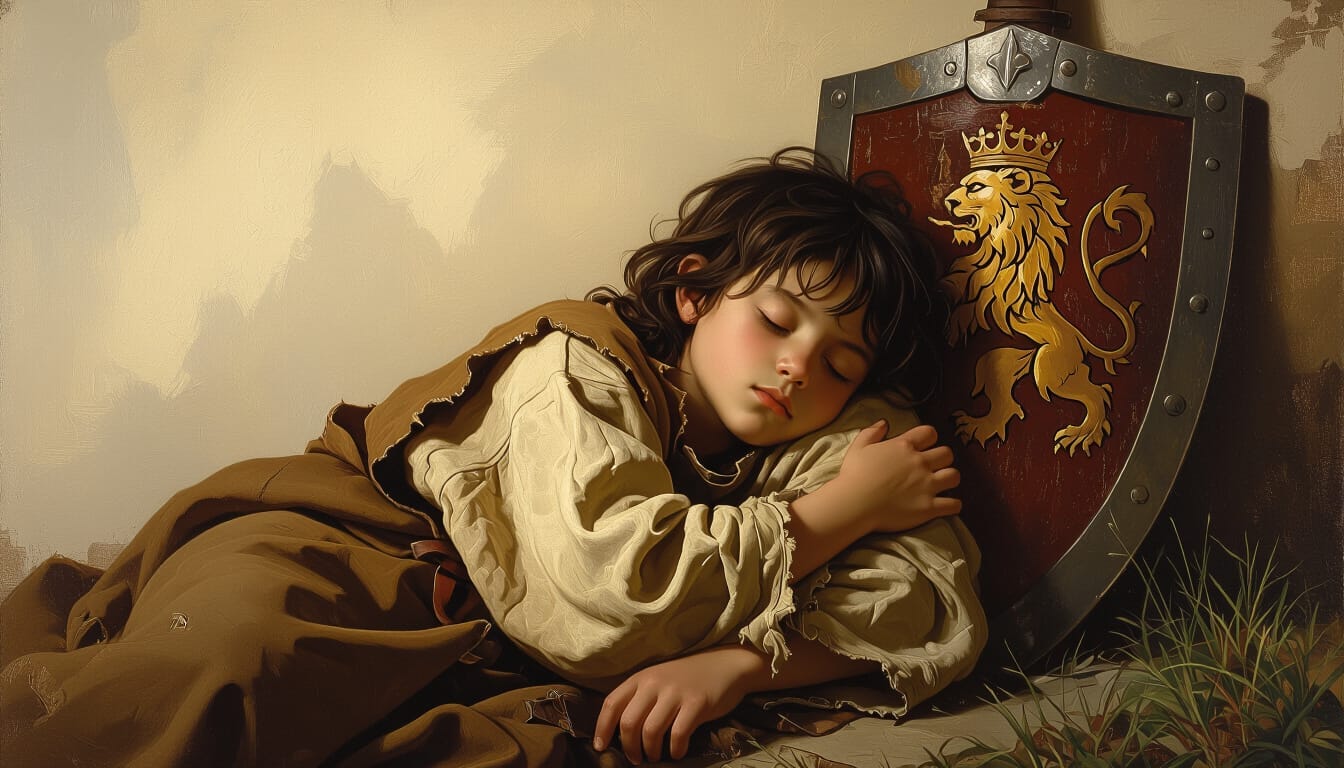 A young child sleeps peacefully, curled beside a regal shield bearing a crowned lion—symbolizing trust, rest, and divine protection. A young child sleeps peacefully, curled beside a regal shield bearing a crowned lion—symbolizing trust, rest, and divine protection.