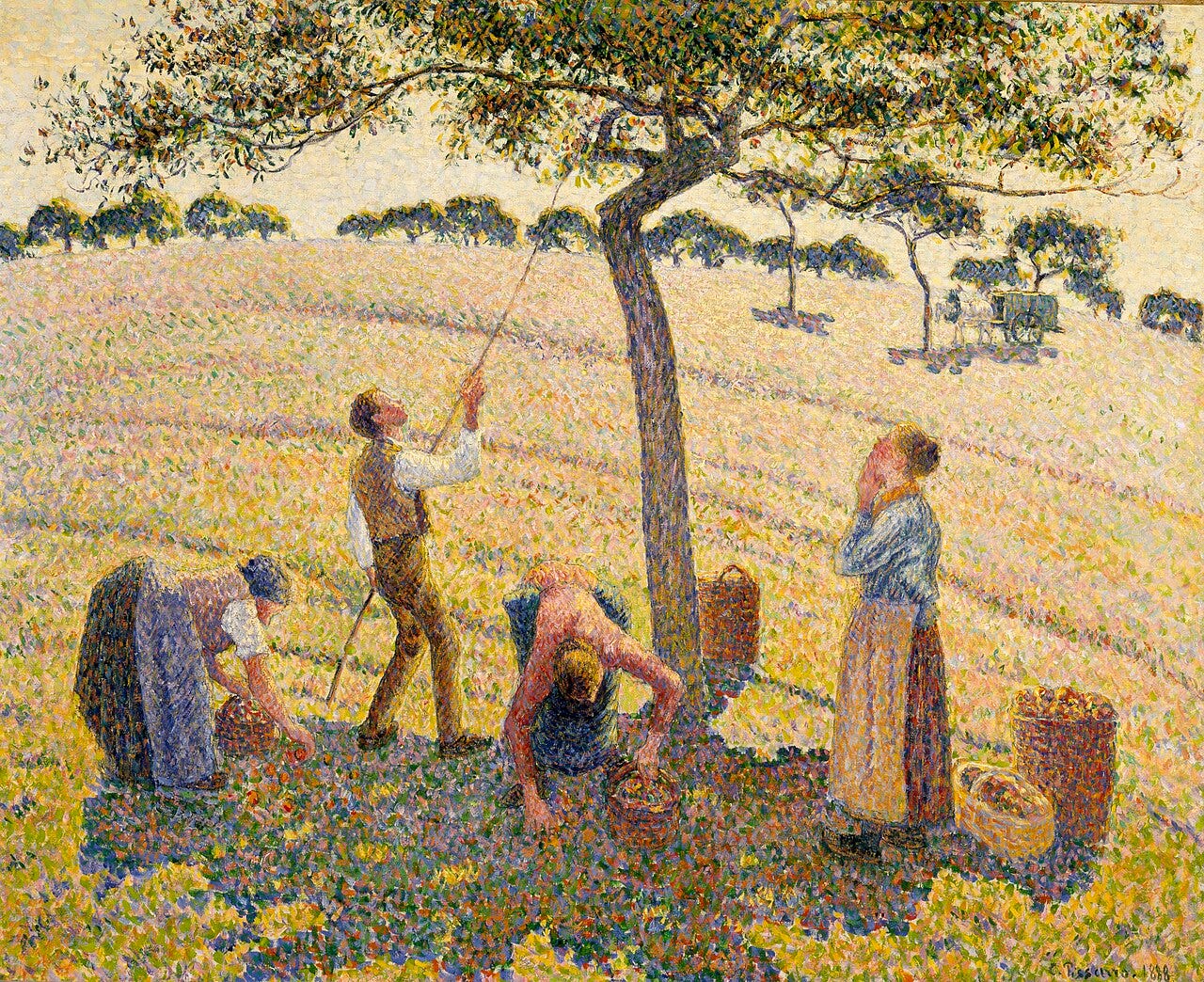 Peasant women shaking apples from a tree, built from dots Peasant women shaking apples from a tree, built from dots