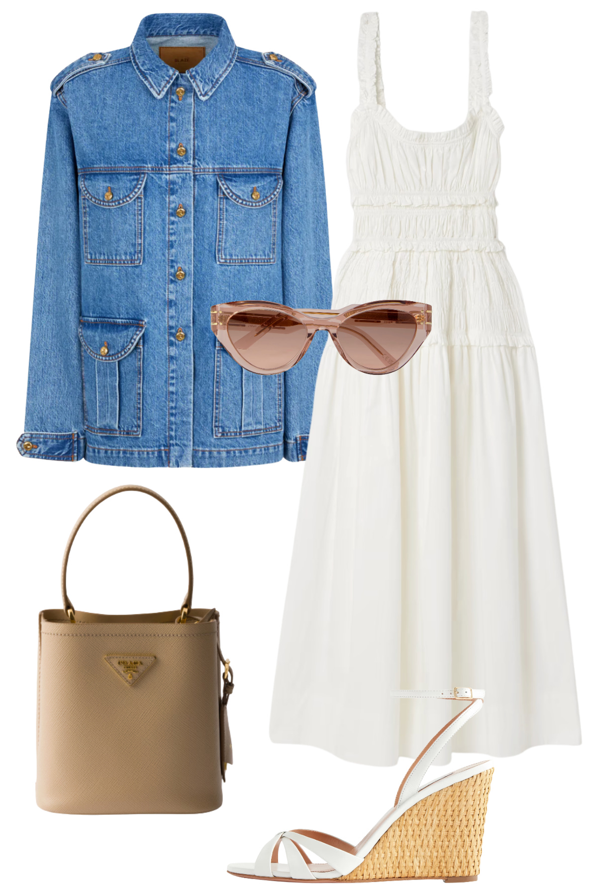 Elevated spring dress outfit with a white dress, wedges, and a lightweight layer