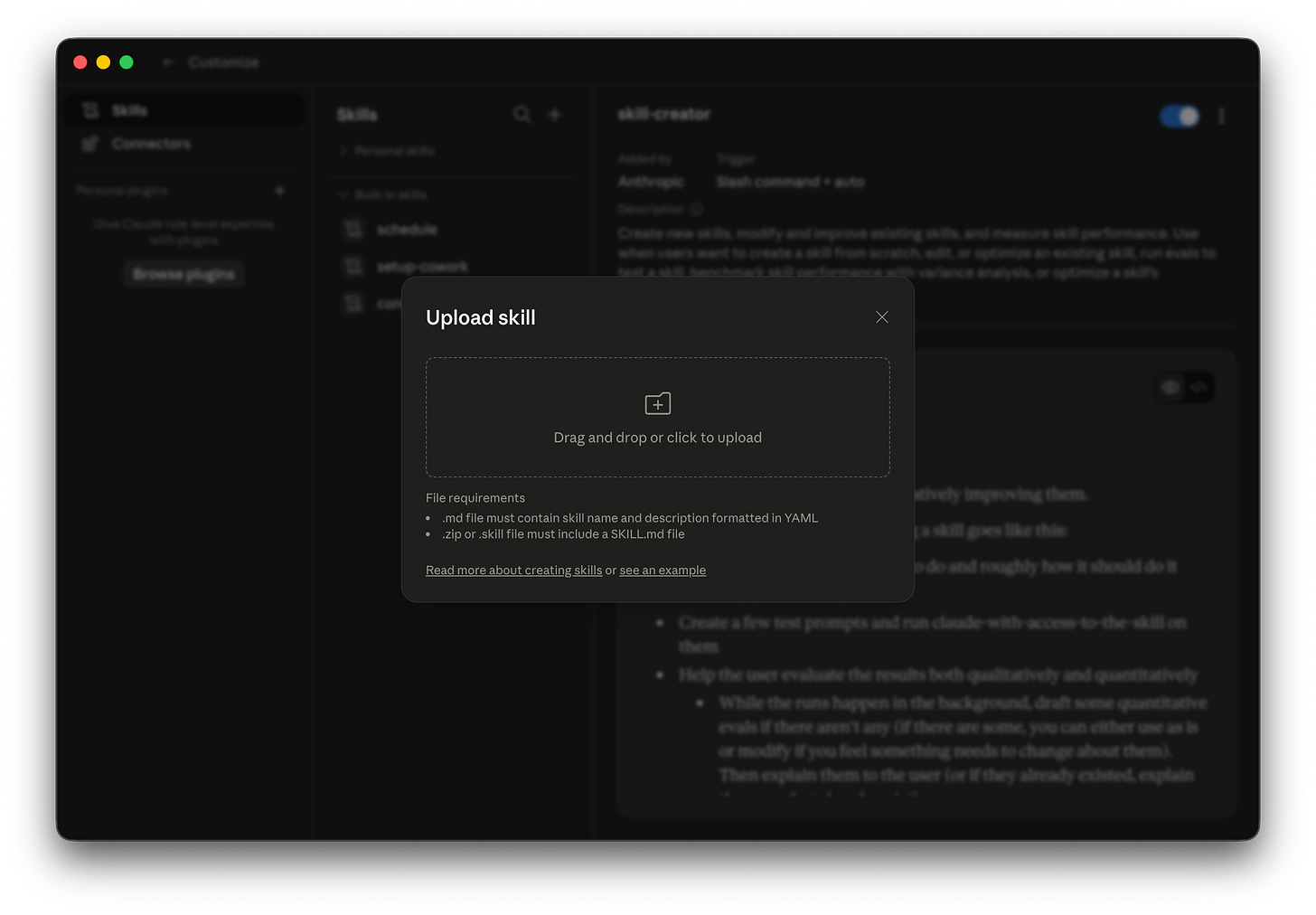 The Customize → Skills → Upload skill dialog showing the file requirements: the .md file must contain skill name and description formatted in YAML, and the .zip or .skill file must include a SKILL.md file.