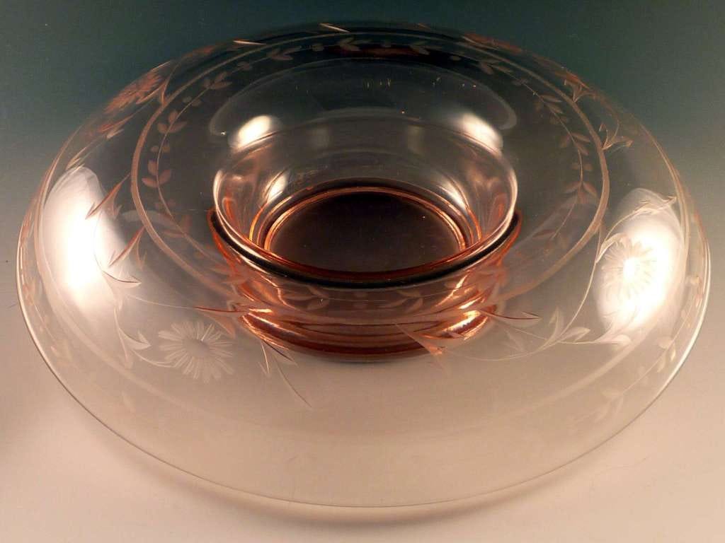 Pink Depression Glass Flower & Leaf Line Cut Console Bowl