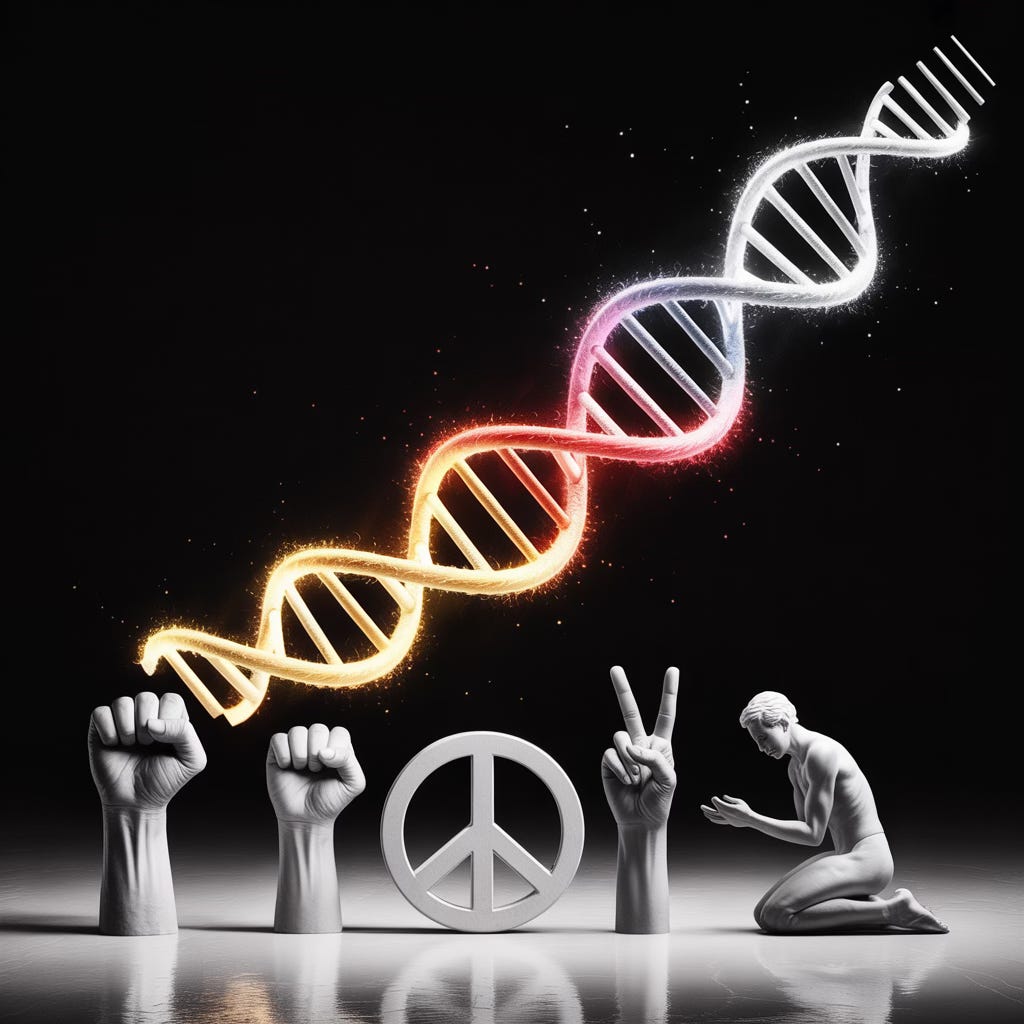 A powerful, minimalist concept image showing the evolution of an idea — a single golden thread weaving through iconic symbols of culture: a protest fist, a peace sign, a symbolic gesture of kneeling, morphing into a luminous DNA double helix, all on a clean, bold black and white background with subtle red accents, ultra-realistic, editorial style, 1:1 aspect ratio --v 6 --q 2