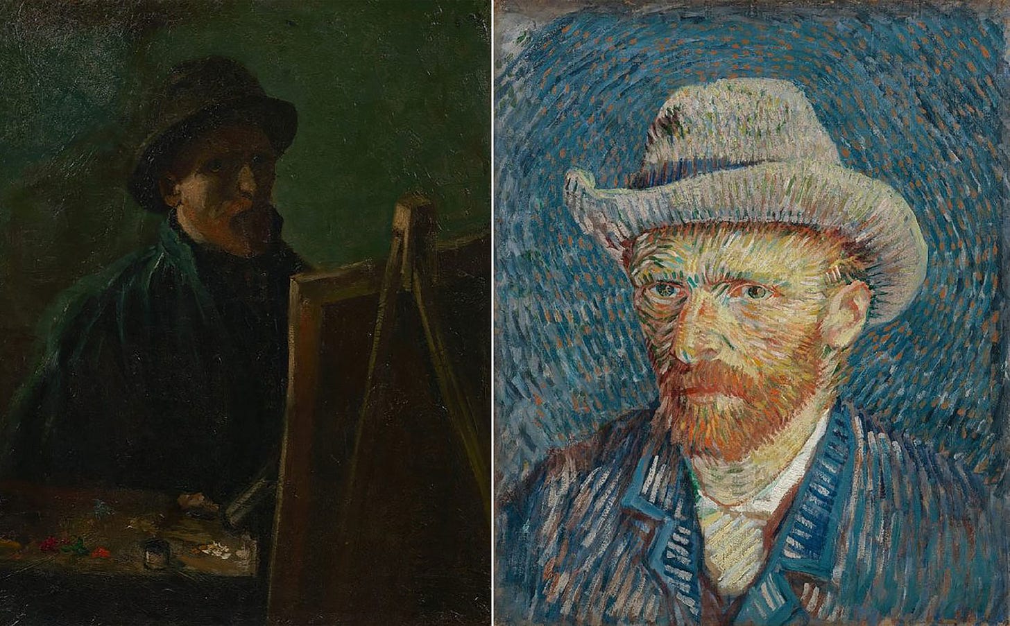 These two Vincent van Gogh self portraits were painted one year apart. Paris 1886, Paris 1887, both in the Van Gogh Museum in Amsterdam.