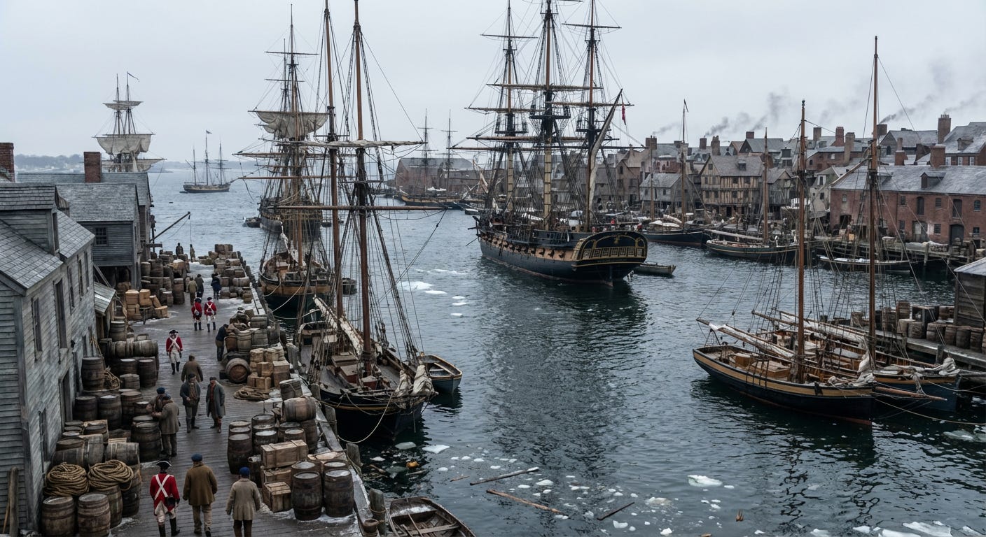 A hyperrealistic ultrahighresolution photograph of Boston Harbor on December 13 1775 viewed from an elevated position near the head of Long Wharf looking outward across the inner harbor at midday The image appears as if taken by a modern cam_image_1