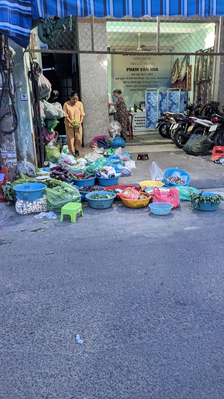 four market scenes: vendors, street produce, fried tofu, table of produce