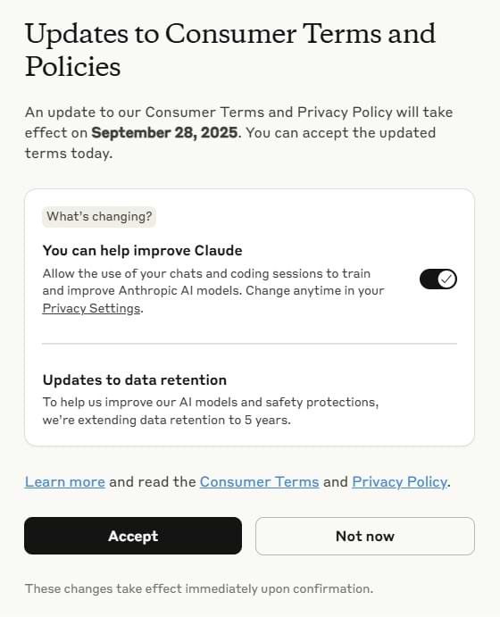 Screenshot of a pop-up in Claude outlining updates to Anthropic’s Consumer Terms and Privacy Policy, effective September 28, 2025. Users are automatically opted in to allow their chats to help train Claude, with the toggle switched on by default for AI training. The update also extends data retention to five years, with accept and decline options at the bottom.