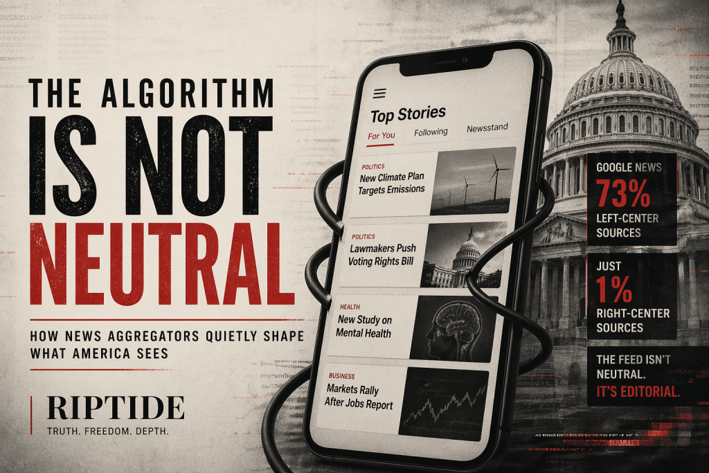 A mobile phone displaying news stories with the headline 'The Algorithm Is Not Neutral' overlaid on a background featuring the U.S. Capitol, emphasizing the influence of news aggregators on public perception. A mobile phone displaying news stories with the headline 'The Algorithm Is Not Neutral' overlaid on a background featuring the U.S. Capitol, emphasizing the influence of news aggregators on public perception.