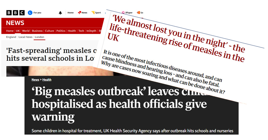 The image contains a news article discussing a significant rise in measles cases in the UK, leading to hospitalizations and warnings from health officials.

AI-generated content may be incorrect.