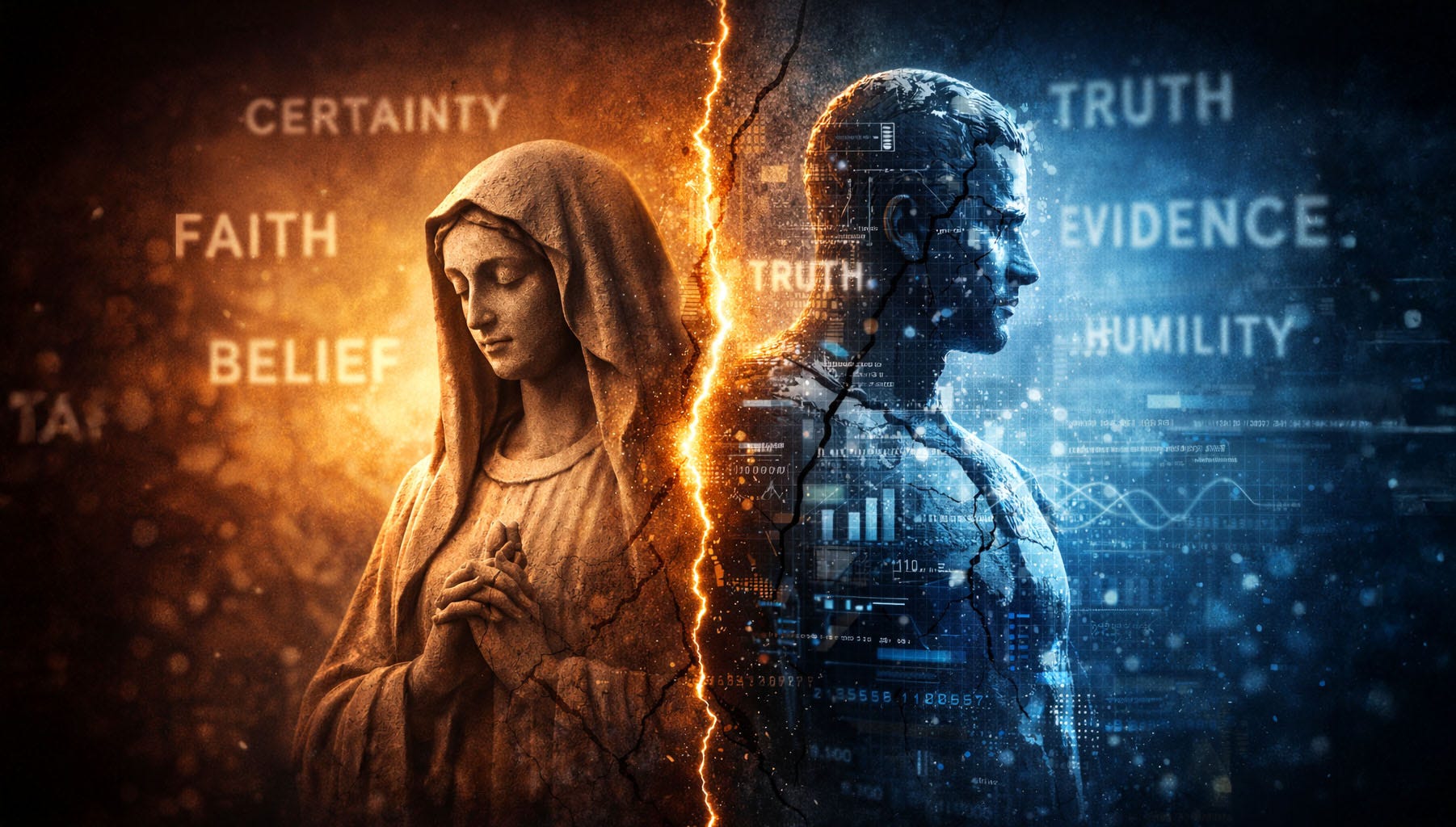 A split image showing a calm religious statue in warm light on one side and a fractured, data-filled human figure in cold light on the other, symbolizing faith, science, and the tension between certainty and doubt.