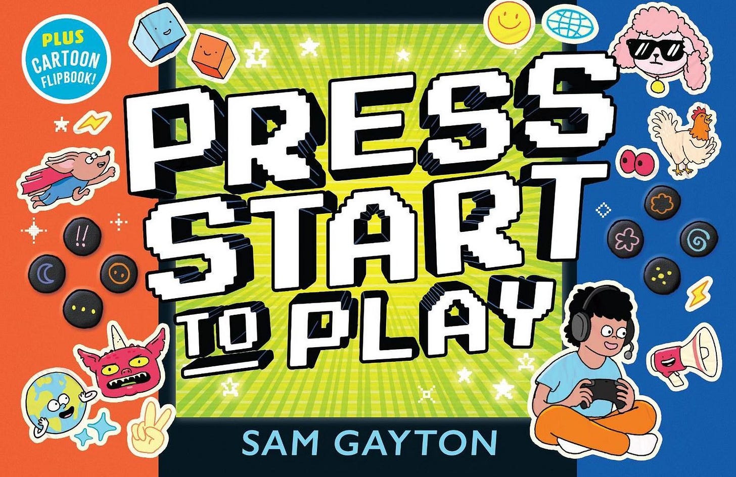 Front cover of 'PRESS START TO PLAY' — video-style text and graphics on a brightly coloured background