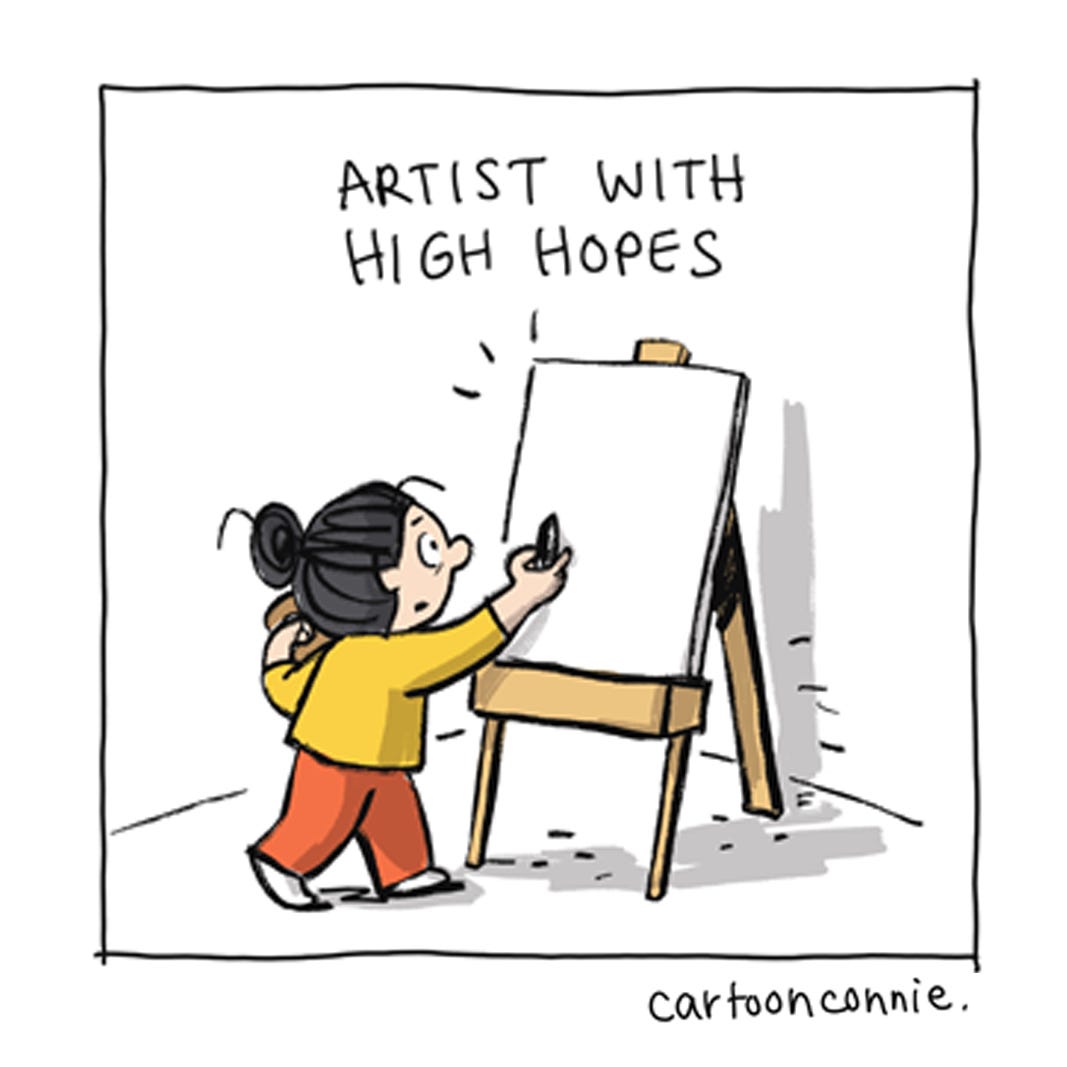 Panel 4 of a 6-panel comic showing a cartoon figure trying to capture an idea an artist easel and feeling like a failure when it doesn't live up to what she imagined. Titled "Artist Perseverance," 2026, by Connie Sun, cartoonconnie.
