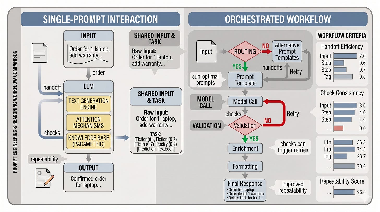 Figure 7.1: A single prompt is sufficient for simple tasks, but repeated, routed, and validated work requires an orchestrated workflow with explicit steps and checks. Figure 7.1: A single prompt is sufficient for simple tasks, but repeated, routed, and validated work requires an orchestrated workflow with explicit steps and checks.