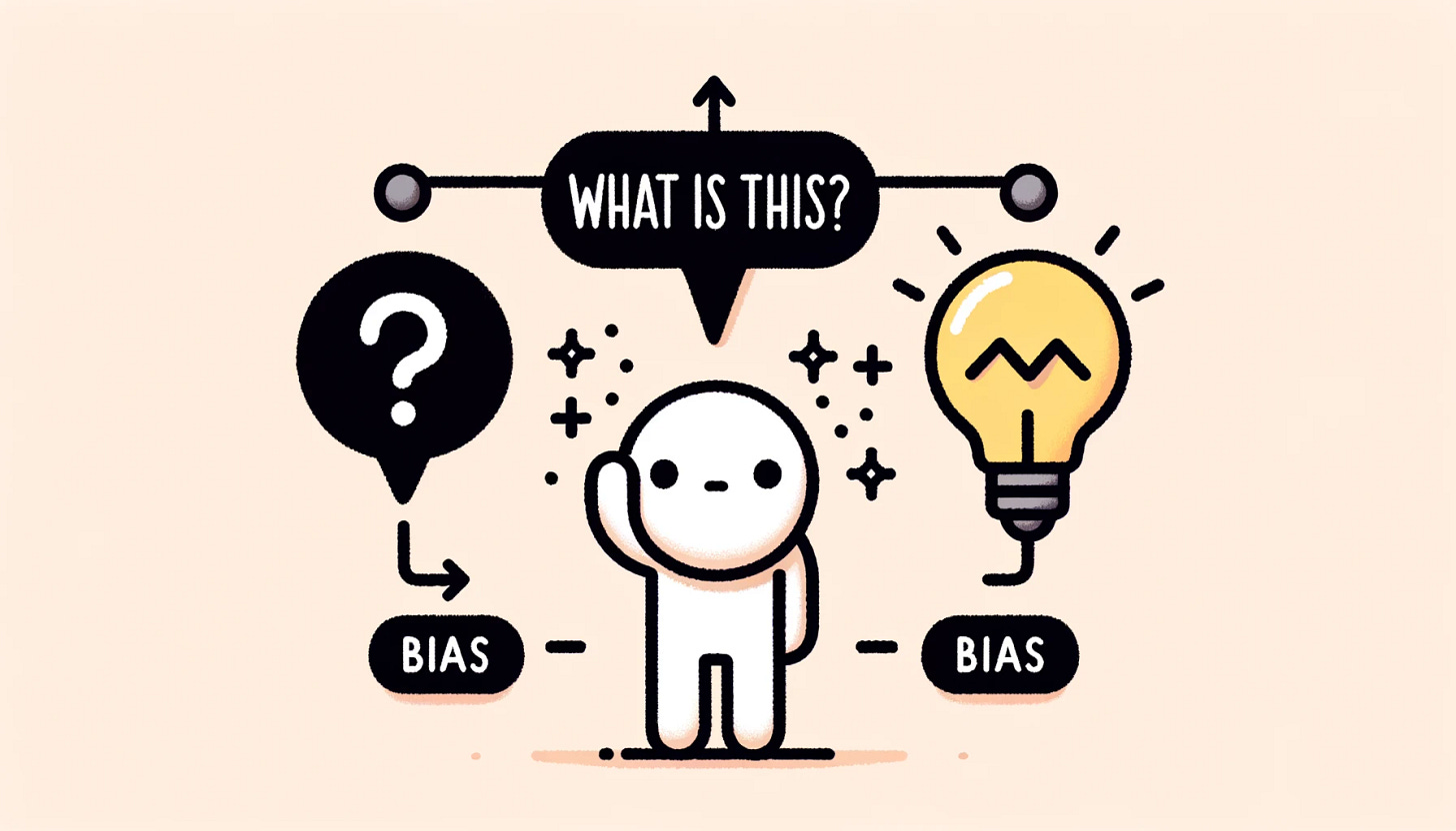 16:6 ratio wide illustration. A stick figure inside the left speech bubble raises its hand, questioning 'What is this?' The right speech bubble presents a lightbulb with a perplexed face. Underneath the lightbulb, two zig-zag lines represent bias. An arrow connects the bubbles, depicting the query's transition. Above the arrow, an equals sign stands with 'Calibration' written above, illustrating the AI's refining process. 16:6 ratio wide illustration. A stick figure inside the left speech bubble raises its hand, questioning 'What is this?' The right speech bubble presents a lightbulb with a perplexed face. Underneath the lightbulb, two zig-zag lines represent bias. An arrow connects the bubbles, depicting the query's transition. Above the arrow, an equals sign stands with 'Calibration' written above, illustrating the AI's refining process.
