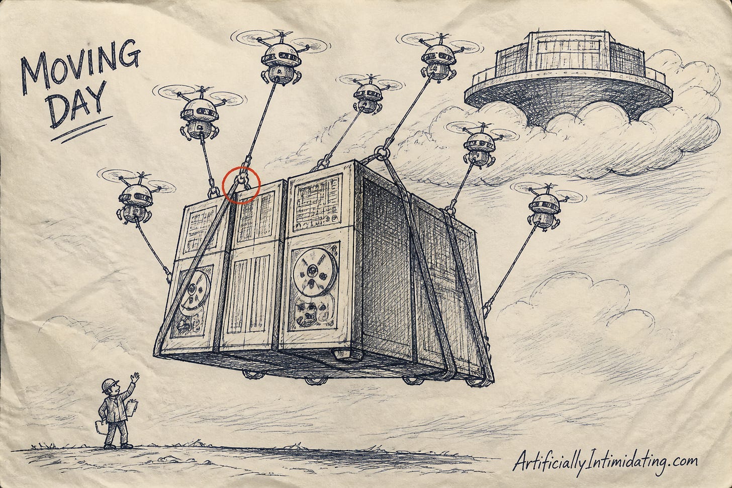 A room-sized beige mainframe computer lifted into the clouds by a flock of small robot drones while a tiny engineer waves a clipboard below.