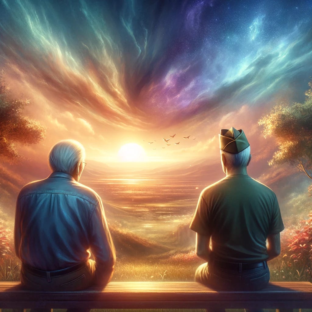 An elderly veteran looking at a distant horizon, symbolizing hope and contemplation. The scene is set in a peaceful, natural landscape, possibly at dawn or dusk, reflecting the potential new dawn of treatment possibilities. The veteran is depicted from behind, gazing into the vast, open sky that merges with the serene landscape. This image encapsulates the theme of hope, discovery, and the journey towards better health, without directly showing any medical elements or specific details about Alzheimer's disease or macular degeneration. The color palette is warm and inviting, suggesting optimism and a new beginning.