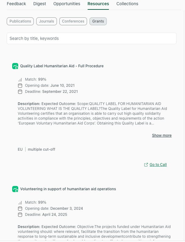 Humanitarian aid and volunteering grant suggestions in thesify. thesify Grants tab showing high-match EU calls for humanitarian aid quality label and volunteering projects with deadlines and Go to Call links.