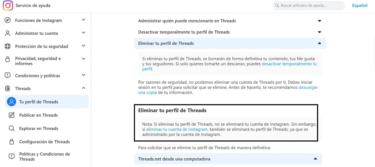 Página de ayuda de Instagram. En esta sección se aclara que se puede eliminar la cuenta de Threads sin borrar la de Instagram.