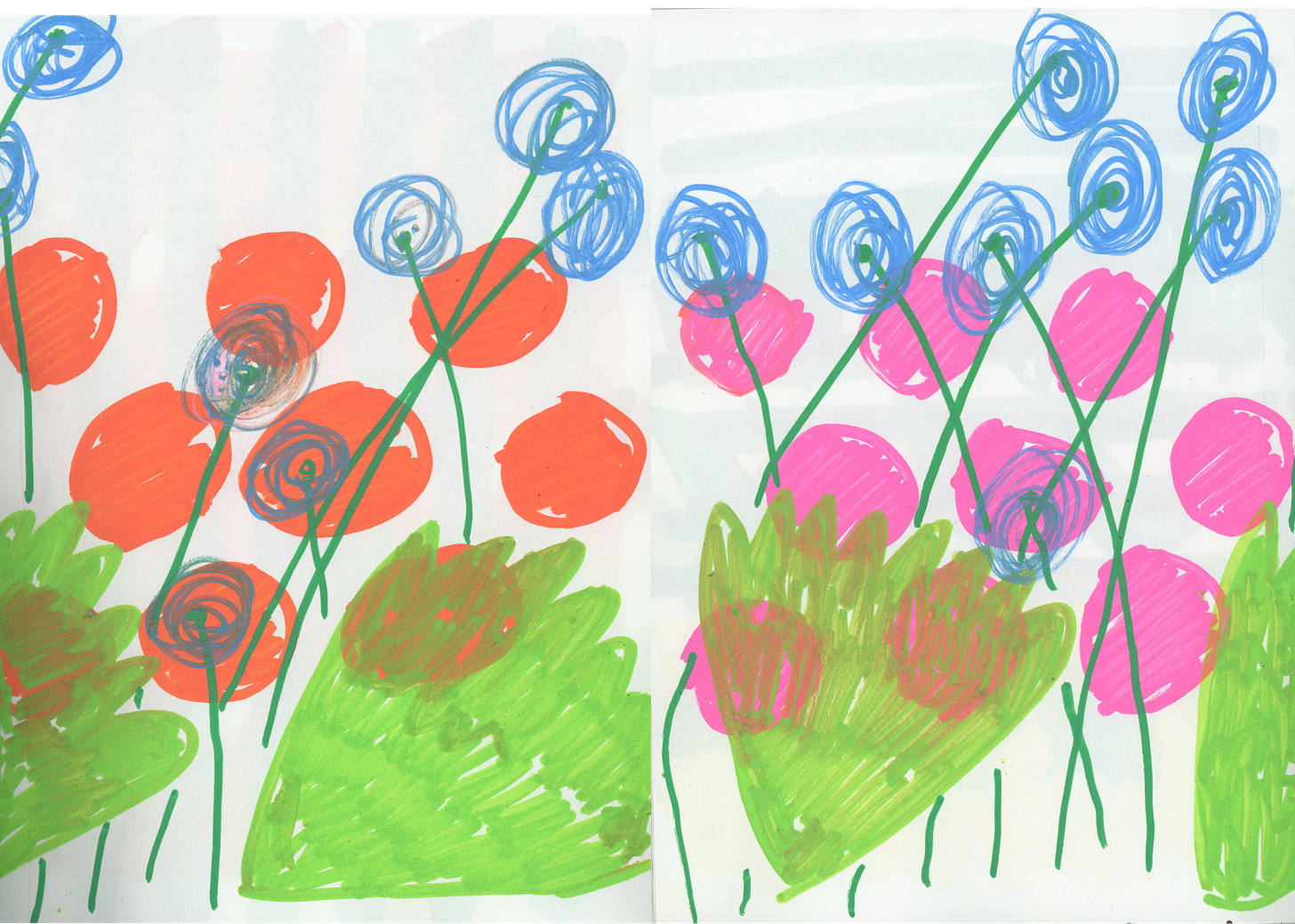 Blue, pink, and orange flowers with taut green stems appear as if they're floating to the top of the frame like balloons