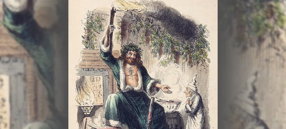 The ‘Ghost of Christmas Present’ in Charles Dickens’s A Christmas Carol 1843. Illustration by John Leech. The ‘Ghost of Christmas Present’ in Charles Dickens’s A Christmas Carol 1843. Illustration by John Leech.