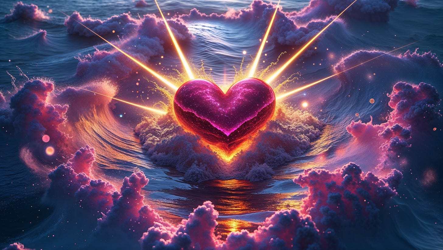 An artistic depiction of the biblical verse from Song of Solomon 8:6-7 KJV, "Many waters cannot quench love," showing a luminous, fiery pink heart resting powerfully upon a turbulent sea. Bright beams of light radiate from the heart, which remains unquenched and undimmed by the crashing waves and swirling pink clouds that surround it.