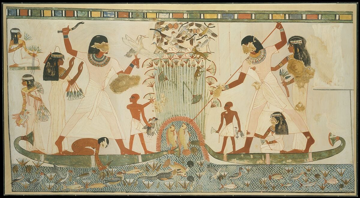 Menna and Family Hunting in the Marshes, Tomb of Menna, Nina de Garis Davies (1881–1965), Tempera on paper Menna and Family Hunting in the Marshes, Tomb of Menna, Nina de Garis Davies (1881–1965), Tempera on paper