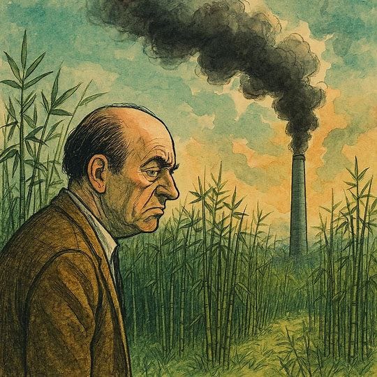 cynical middle-aged balding man looking out at thick smoke rising out of a tall chimney in the middle of a bamboo farm, 1960s sci-fi color drawing