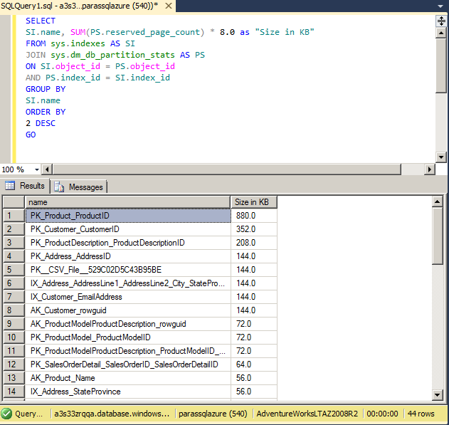 1 SQL Azure Findding size of Indexes