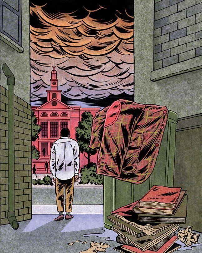 an illustration of a man in a white shirt on a university campus walking away from a trash can, upon which is slung a brown-and-red tweed jacket